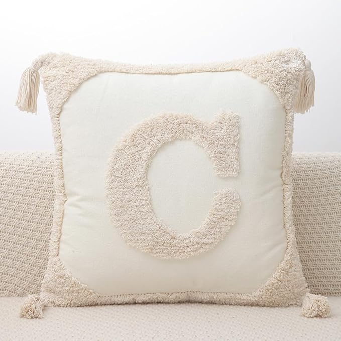 Monogram Pillow Covers with Tassels 18”x18” Modern Cotton Canvas Tufted Alphabet C Throw Pillow Covers for Sofa Couch Bed 26 English Letters Decorative Pillow Case for Sofa Throw Pillows