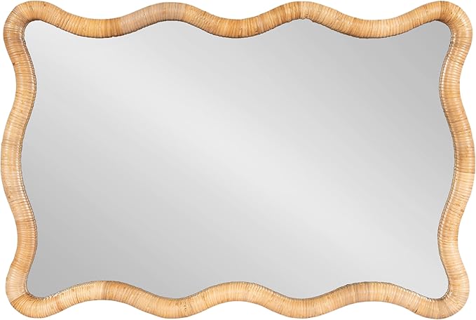 Kate and Laurel Rahfy Boho Scalloped Rectangle Rattan Wall Mirror, 24 x 36, Natural Wood, Decorative Rectangular Wavy Mirror with Authentic Rattan Frame for Bathroom Mirror Decor