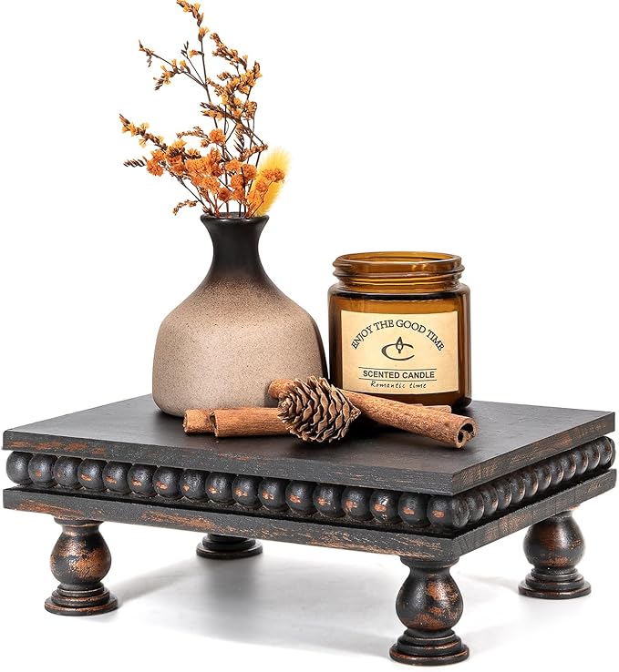 EOSAHR Pine Wood Display Riser – Boho Pedestal Stand for Home Decor, Showcasing Apartment Essentials, Perfume Tray or Coffee Table Accents – Modern Farmhouse Decor(Old Black)