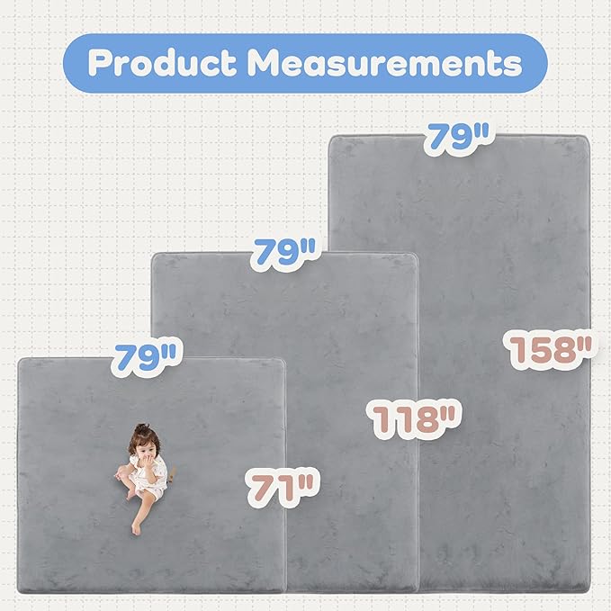1.3" Thick Baby Floor Play Mat 79x158, Basic Padded Foam Mat for Tummy Time Crawling, Non Slip Cushioned for Babies Toddlers Infants Kids (Light Grey)