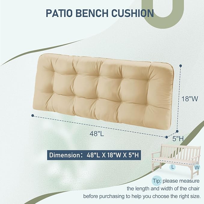 downluxe Outdoor Bench Cushion for Patio Furniture, Waterproof Tufted Overstuffed Porch Swing Cushions, Thick Outdoor Loveseat Cushions, 48" X 18" X 5", Khaki, Set of 1