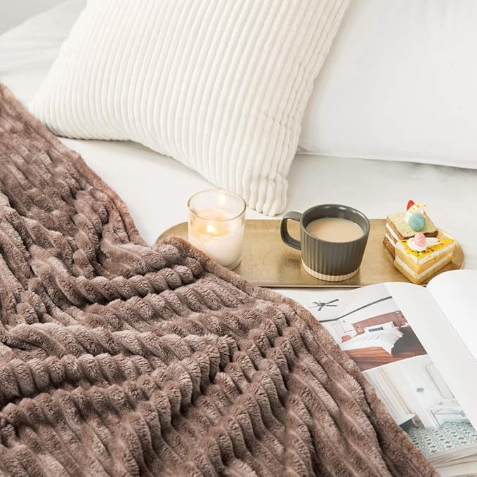 MIULEE Fleece Throw Blanket for Couch 300GSM Super Soft Lightweight Plush Striped Blanket, Brown Warm Cozy Breathable Ribbed Flannel Blanket for Bed/Sofa, Twin Size 60"x80"