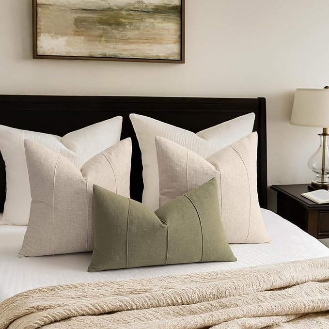 Decorative Linen Throw Pillow Covers 16x16 Set of 2 Solid handcrafted Striped Cushion Covers for Bed Soft Modern Farmhouse Neutral Pillowcase for Couch Bedroom Living Room Home Decor(Natural Beige)