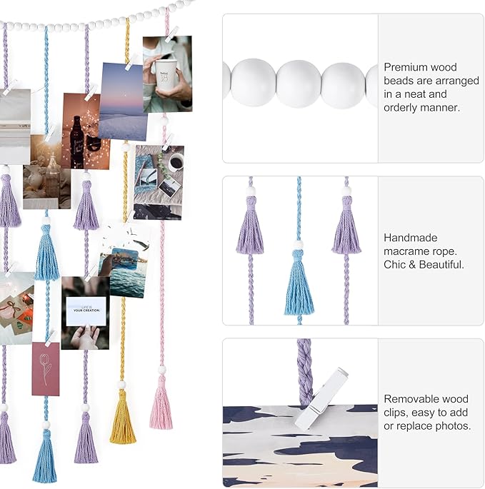 Mkono Macrame Hanging Photo Display Wall Decor with String Lights Boho Room Bedroom Wooden Beads Garland Picture Greeting Cards Holder with 30 Clips