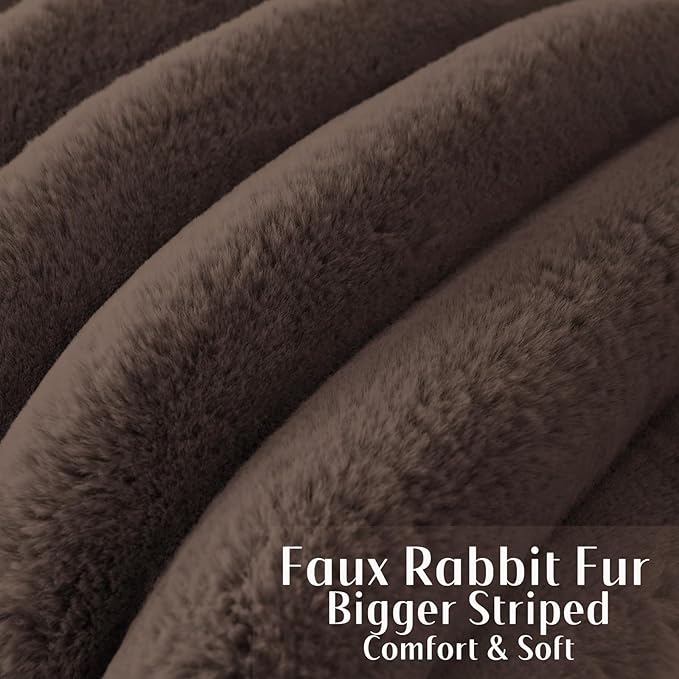 FUTEI Dark Coffee Decorative Throw Pillow Covers 18x18 Inch Set of 2, Square Soft Faux Rabbit Fur Big Striped Cushion Cover,Home Decor for Couch Sofa Bed Living Room