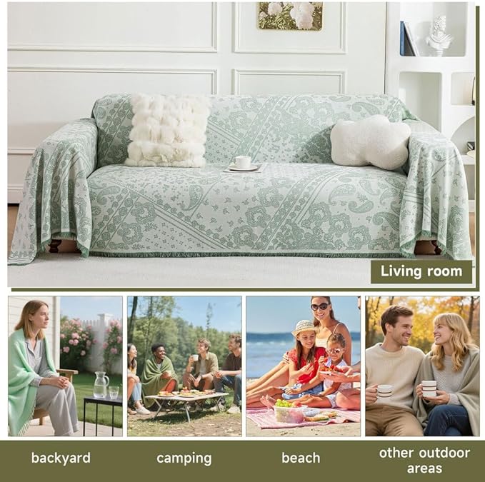 ROOMLIFE Green Couch Covers for Sofa, Sofa Covers Washable Non Slip Furniture Protector Couch Sofa Covers for 3 Cushion Couch, Breathable Sofa Slipcovers Couch Cover Blanket with Tassels 71" X 134"