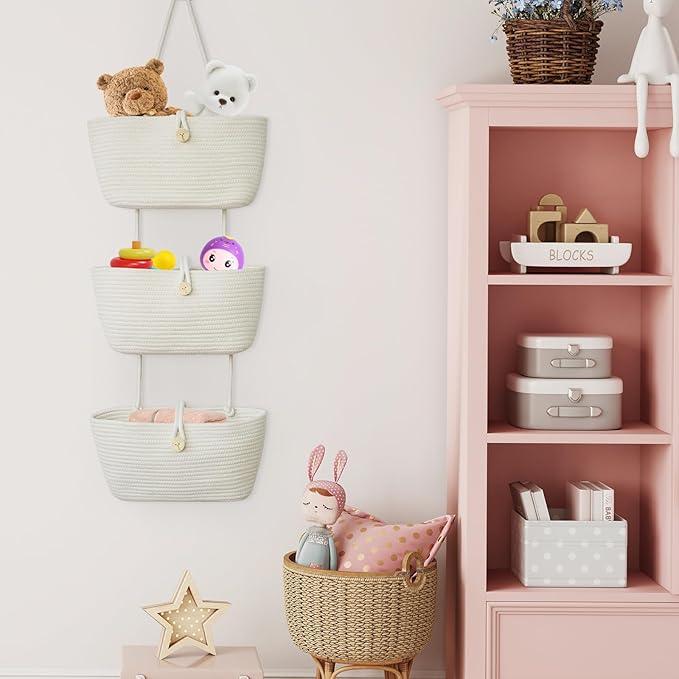 TeoKJ Over the Door Hanging Baskets with Wooden Button, 3-Tier Wall-Mounted Decorative Nursery Kitchen Baskets, White
