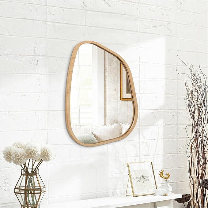 Irregular Bathroom Mirror Modern Wall Mirror Asymmetrical Wooden Framed Wall Mirror Unique Shape Wall Mounted Vanity Artistic Mirror Decor for Living Room Bedroom Entryway Small 16"x12"