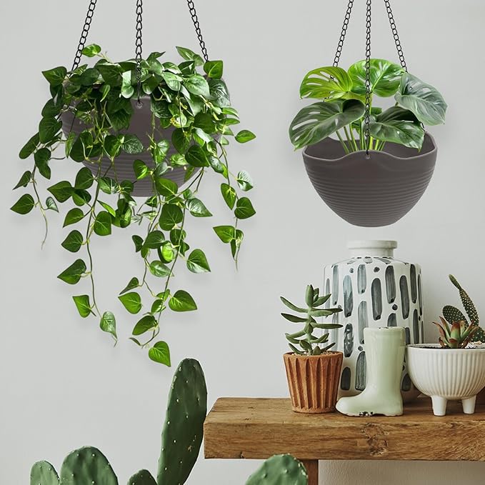 Hanging Planters for Indoor Plants 3 Pack - 7/8/10 Inch Plastic Hanging Pots with Water Sieve Mesh, Small Hanging Pots for Home Garden, Porch, Balcony & Patio Decor, Black