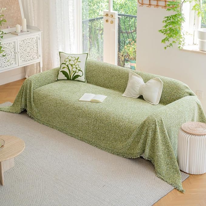 ROOMLIFE Green Sofa Cover, Extra Large Boho Couch Cover Sofa Covers for 3 Cushion Couch, Soft Chenille Sofa Cover for Dog, Washable Furniture Sofa Protector Cover Blanket with Tassel 71 '' X 150''