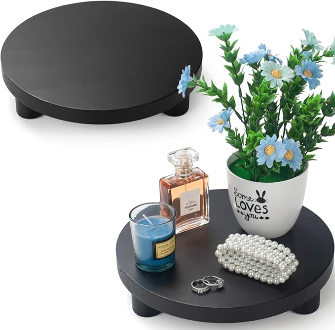 Wood Riser for Decor, 2 Pack Wood Pedestal Stand for Display, Round Wooden Tray for Kitchen Counter, Wooden Pedestal Stand for Plant Pot Indoor (Round - Black)