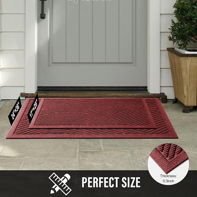 Sturdy Front Door Mat, Absorbent Muddy Dirt Resist Welcome Door Mats Outdoor Indoor, Stain and Fade Resistant, Non-Slip Backing Entry Mat Low Profile Doormat for Entryway, 36×24, Red