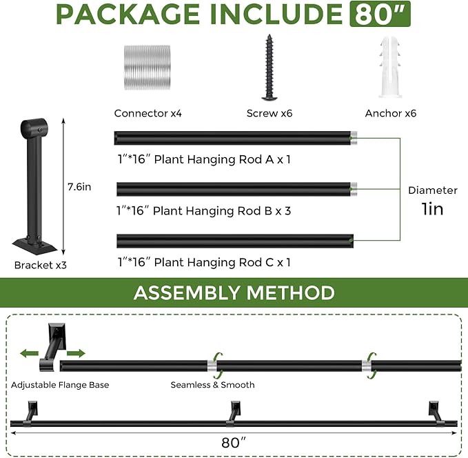 Hanging Planters for Indoor Plants, 80 Inch Heavy Duty Plant Hanger Indoor, 1 Inch Diameter Metal Rod, Hanging Plant Holder for Window Wall, Matte Black , Square Flange Base, Pot Not Included