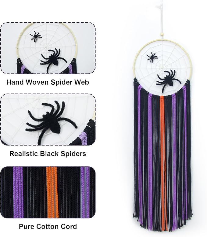 EOBTAIN Halloween Macrame Wall Hanging,Spider Web Dream Catchers,Black Purple and Orange Tassels Pure Cotton Cord Textile Wall Art,Halloween Decorative Woven Tapestry for Home Decor,9.8x32.8 Inch