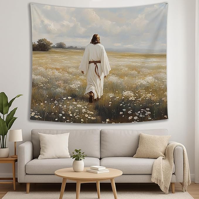 bitCNY Jesus in Field Tapestry 60x50 Inches – Solitude Christian Wall Art, Peaceful Religious Tapestry for Bedroom Living Room, Faith Journey Decor