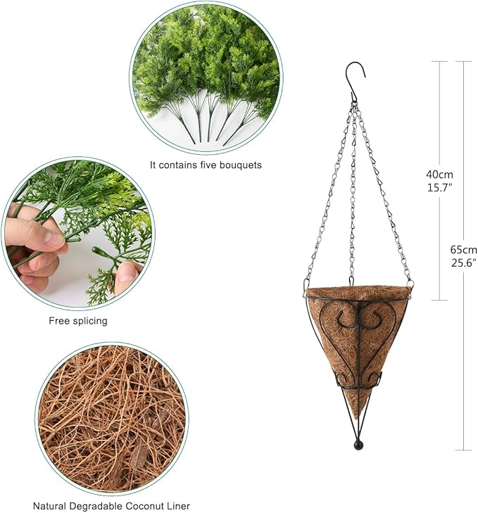 Artificial Faux Hanging Plants Basket for Spring Outdoor Summer Decoration, Fake Seaweed Plant UV Resistant Look Real for Outside Porch Home Patio Balcony Yard(Dark Green)