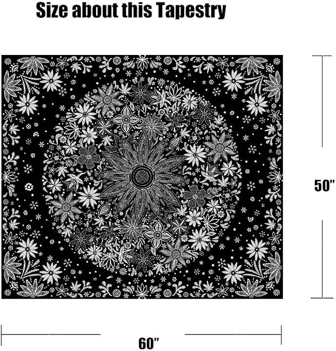 Neasow Bohemian Tapestry Wall Hanging, Black and White Floral Tapestry with Dotted Daisy Medallion Print Bedroom Boho Hippie Home Decor, 50x60 inches