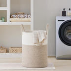 VIPOSCO Large Laundry Hamper, Tall Woven Rope Storage Basket for Blanket, Toys, Dirty Clothes in Living Room, Bathroom, Bedroom - 100L White & Brown