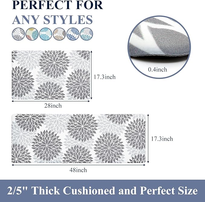 HEBE Anti Fatigue Kitchen Rug Sets 2 Piece Non Slip Kitchen Mats for Floor Cushioned Kitchen Rugs and Mats Waterproof Comfort Standing Mat Runner for Kitchen,Home Office,Sink,Laundry