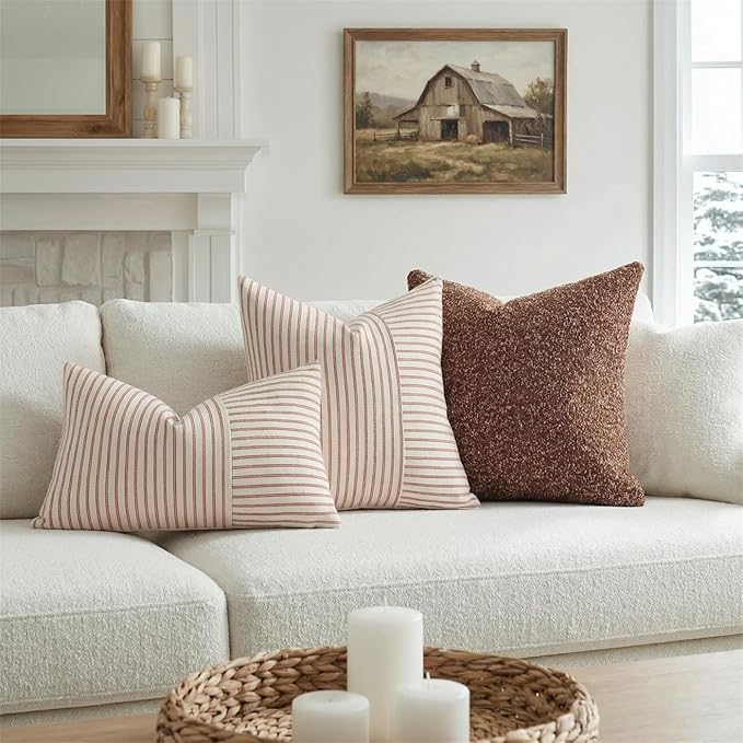 YCOLL Christmas Pillow Covers 12x20, Modern Accent Lumbar Throw Pillow Covers Set of 2, Red and Beige Striped Patchwork Linen Decorative Pillows Cushion Covers Christmas Decorations