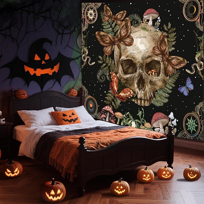 Avinyl Halloween Gothic Tapestry for Bedroom,Vintage Goth Skull Whichy Butterfly Floral Wall Tapestries, Skeleton Moth Mushrooms Poster Backdrop for Living Gaming Room Dorm Decor 51in X 60in