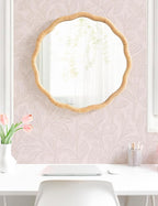 Kate and Laurel Rahfy Boho Scalloped Round Rattan Mirror; 26 Inch Diameter; Natural Wood; Decorative Round Wavy Mirror with Authentic Rattan Frame for Boho Wall Decor