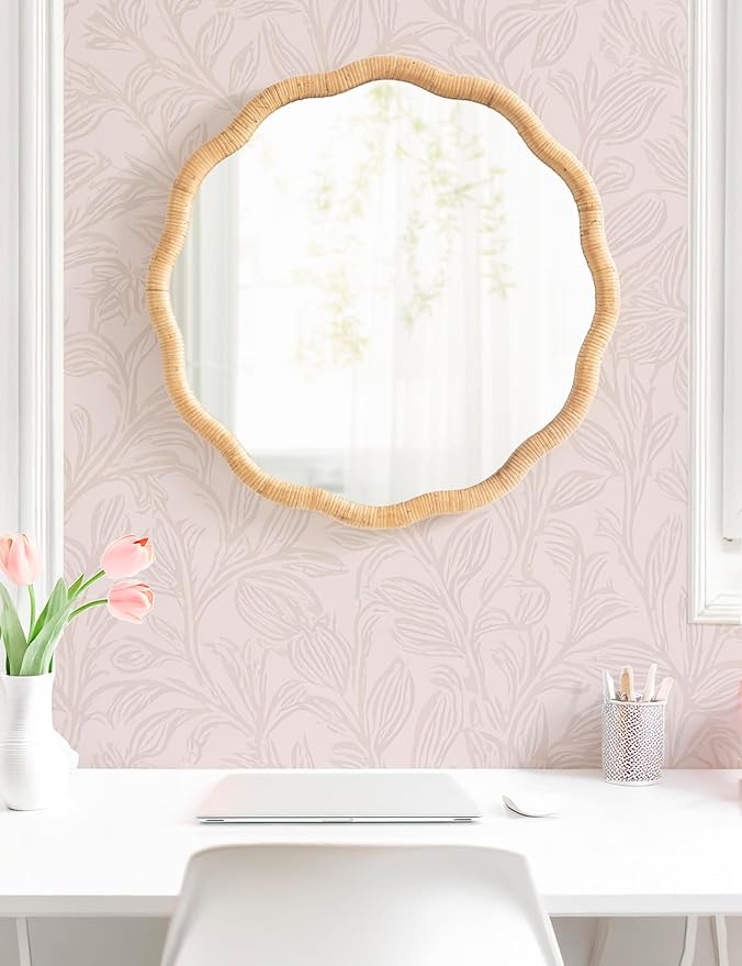 Kate and Laurel Rahfy Boho Scalloped Round Rattan Mirror; 26 Inch Diameter; Natural Wood; Decorative Round Wavy Mirror with Authentic Rattan Frame for Boho Wall Decor