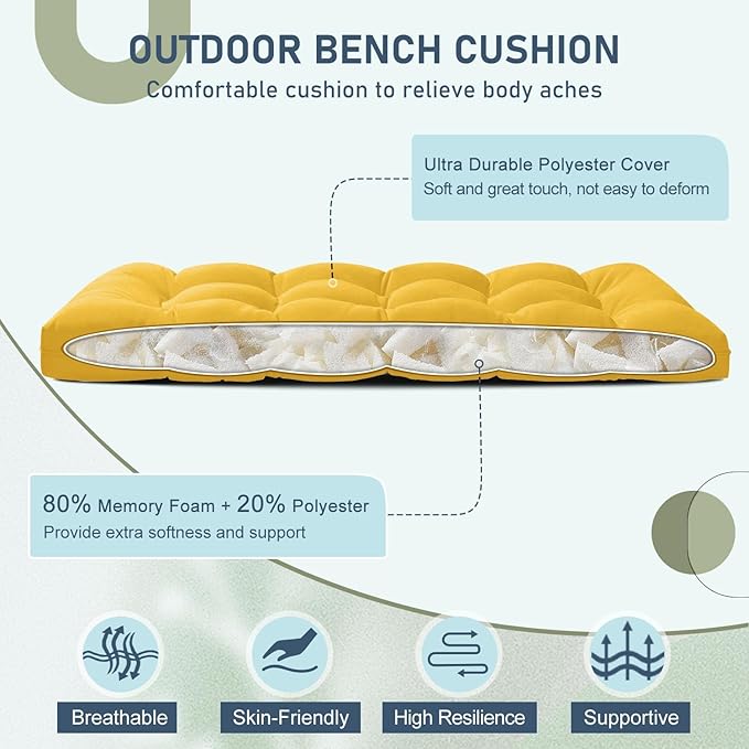 downluxe Outdoor Bench Cushion for Patio Furniture, Water Resistant Tufted Overstuffed Porch Swing Cushions, Thick Outdoor Loveseat Cushions, 44" X 19" X 5", Yellow, Set of 1