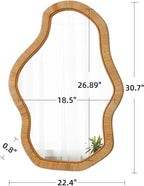 Asymmetrical Mirror 22 X 30 Inch, Hanging Boho Wavy Rattan Mirrors for Wall, Handmade Wicker Irregular Decorative Mirrors for Living Room Hallway Entryway Bedroom Bathroom