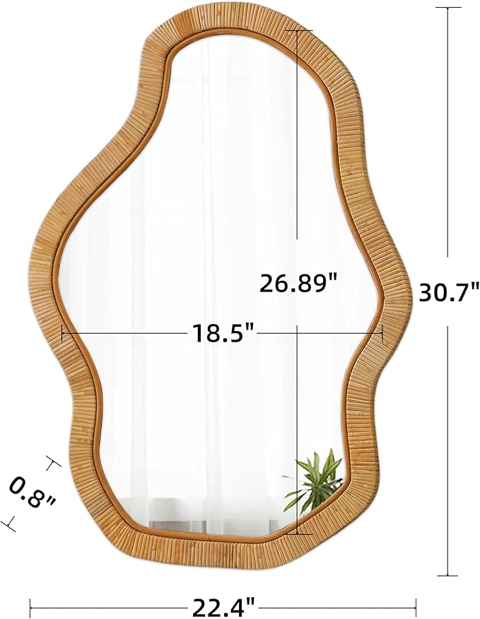 Asymmetrical Mirror 22 X 30 Inch, Hanging Boho Wavy Rattan Mirrors for Wall, Handmade Wicker Irregular Decorative Mirrors for Living Room Hallway Entryway Bedroom Bathroom