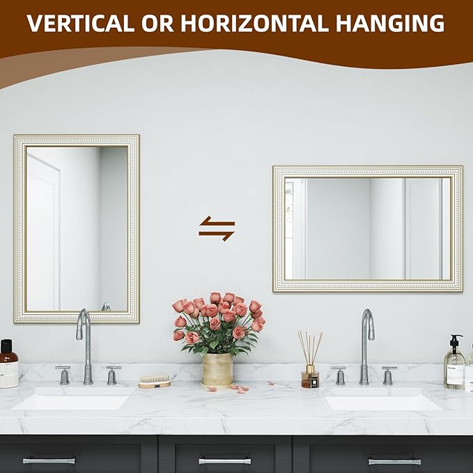 Wooden Rectangle Mirrors, 36x24 Inch Farmhouse Rectangular Mirrors with Beaded Boho Decorative Wall Mirror for Bathroom, Living Room, Entryway, Foyer (Horizontal/Vertical Mount)
