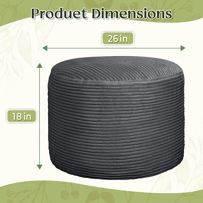 Round Corduroy Ottoman Foot Rest Pouf for Living Room Couch - Soft Plush Shredded Foam Filled Hassock Stool, Comfy Footstool