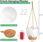 ZMTECH 8 Inch Hanging Planters for Indoor Outdoor Plants, 2 Pack Self Watering Hanging Plant Pots with Drainage Holes and Removable Saucer, Plastic Flower Hanging Pots with Watering Lip (White)