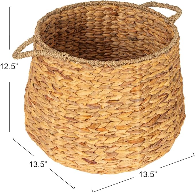 Household Essentials Round Handwoven Water Hyacinth and Seagrass Basket with Handles, Natural