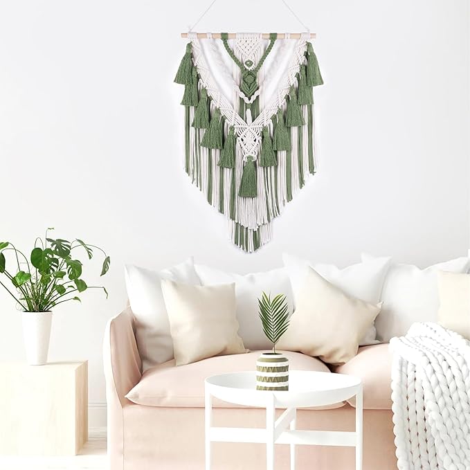 HVEST Green Macrame Wall Hanging Sage Green Boho Wall Tapestry Handmade Woven Tassel Tapestry, Boho Wall Decor for Bedroom Living Room Apartment Nursery Backdrop