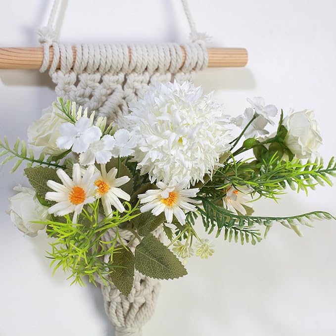 Macrame Wall Hanging with Artificial Flowers, Wall Decorative Art, Handwoven Cotton RopeTapestry, Woven Tassels Boho Home Decoration,8x23 Inches, Set of 2