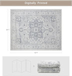 Area Rug 8x10 Washable Area Rugs for Living Room- Ultra Soft Non-Shedding Faux Wool Bedroom Rug Large Grey Vintage Print Rugs with Non Slip Rubber- Indoor Retro Foldable Carpet for Dining Room