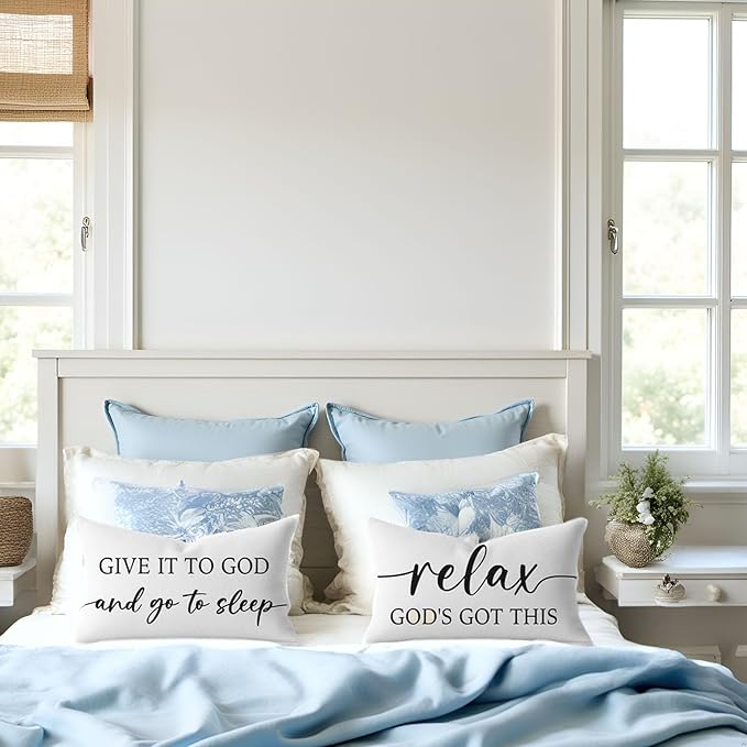 Decorative Throw Pillow Covers 12x20 Inch Set of 2 – White Christian Lumbar Pillowcase – Give It to God and Go to Sleep/Relax God’s Got This – Faith Bedroom Bed Decor for Women