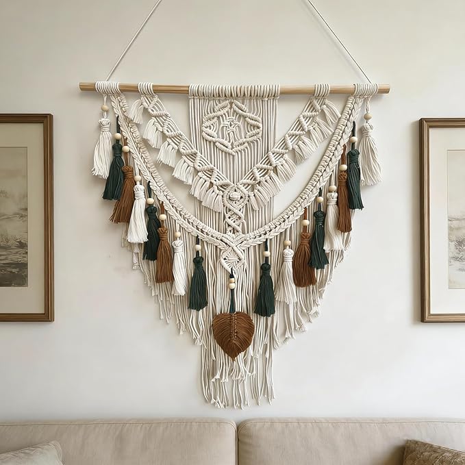 lokeisna Macrame Wall Hanging, Woven Tapestry Beige & Dusty Rose Handmade Craft Macrame Wall Decor, Gallery & Nursery, Size 37.4” Lx27.5” W Brown Green