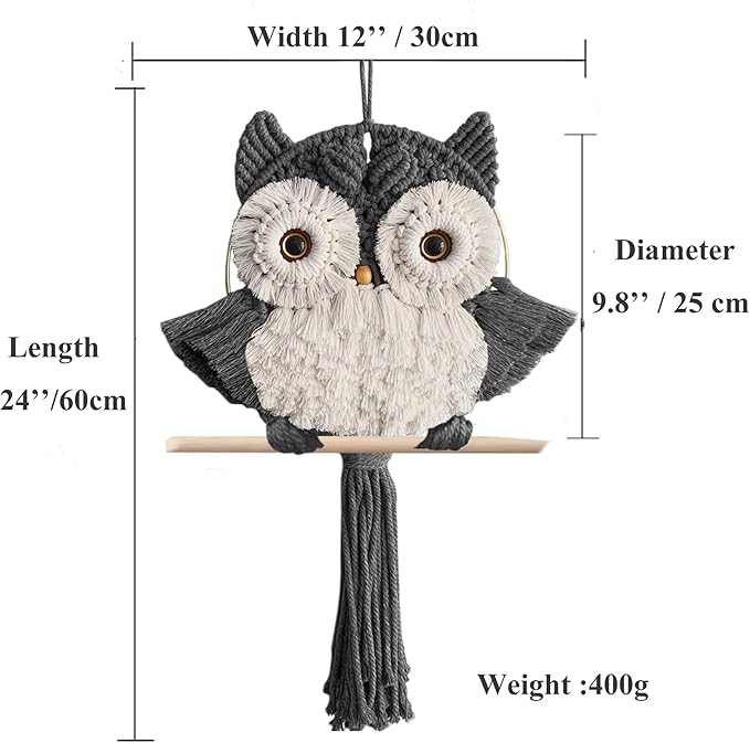 Macrame Owl Wall Hanging - Handmade Boho Hanging Tapestry Art Home Decor, Nature-Inspired Gift for Owl Lovers, Sustainable Fiber Wall Art Minimalist Bird-Themed Decor - Grey