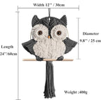 Macrame Owl Wall Hanging - Handmade Boho Hanging Tapestry Art Home Decor, Nature-Inspired Gift for Owl Lovers, Sustainable Fiber Wall Art Minimalist Bird-Themed Decor - Grey