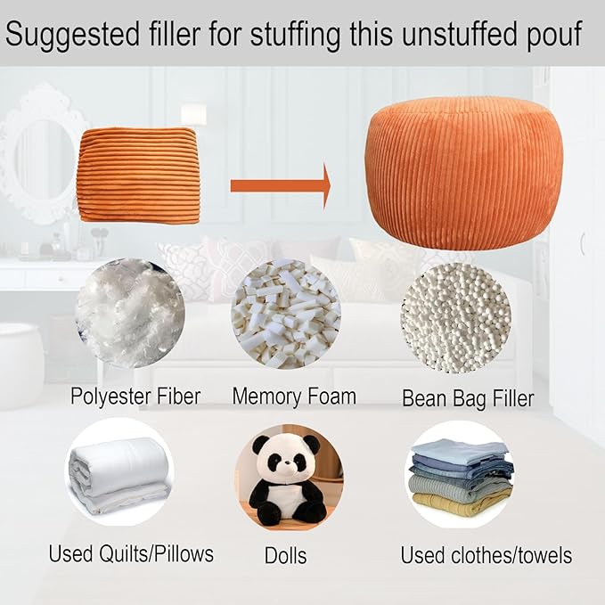 Unstuffed Ottoman Pouf Cover, Foot Rest Cover, Bean Bag Chair Cover (Orange)