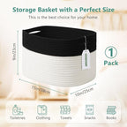 Cotton Rope Storage Basket, 15x10x9 Inches, Woven Basket for Shelves, Clothes, Towels, Books, and Laundry, Black/White (1 Pack)