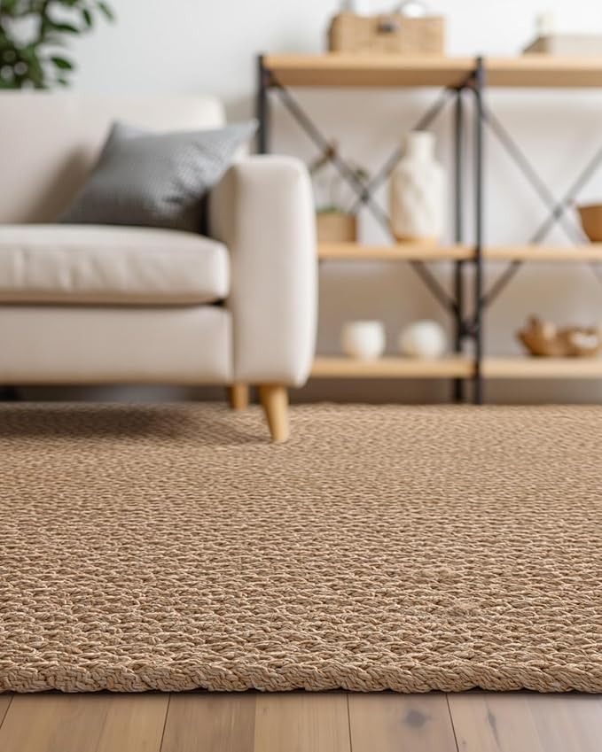 DEXI Oval Easy Jute Rug 6x9, Braided Woven Rustic Rugs No Shed, Large Neutral Area Carpet Mat for Outdoor Patio Dining Living Room Farmhouse, Tan Brown
