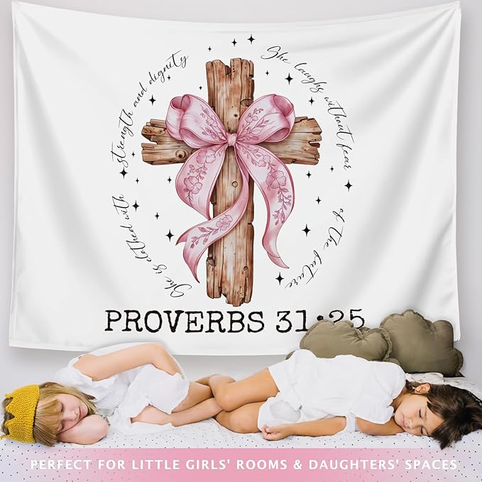 LIANGW Coquette Pink Bow Christian Tapestry Wall Hanging, Coquette Preppy Room Decor, Proverbs 31 Woman Gifts, Bible Verse Wall Blanket Decor for Girls Room Dorm Apartment, 50x60 Inch