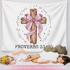 LIANGW Coquette Pink Bow Christian Tapestry Wall Hanging, Coquette Preppy Room Decor, Proverbs 31 Woman Gifts, Bible Verse Wall Blanket Decor for Girls Room Dorm Apartment, 50x60 Inch