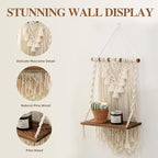 ANROYE Single Tier Macrame Boho Wall Hanging Shelf, Handmade Bohemian Wooden Woven Plants Floating Shelves Decor, Mini Chic Organizer for Bathroom Bedroom Western Home Nursery Storage Gift