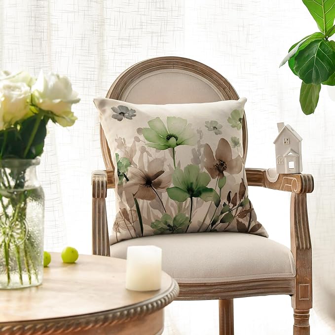 AVOIN colorlife Poppy Flowers Chinoiserie Throw Pillow Covers, 18 x 18 Inch Sage Green Brown Seasonal Leaves Cushion Case Decoration for Sofa Couch Set of 2