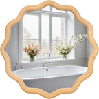 FUIN 20" Round Rattan Wall Mirror, Scalloped Wavy Wicker Frame – Handwoven Natural Boho Decor for Bathroom Vanity, Nursery & Entryway – Distortion-Free Glass