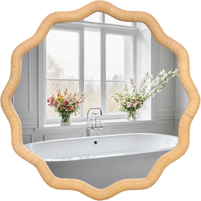 FUIN 20" Round Rattan Wall Mirror, Scalloped Wavy Wicker Frame – Handwoven Natural Boho Decor for Bathroom Vanity, Nursery & Entryway – Distortion-Free Glass